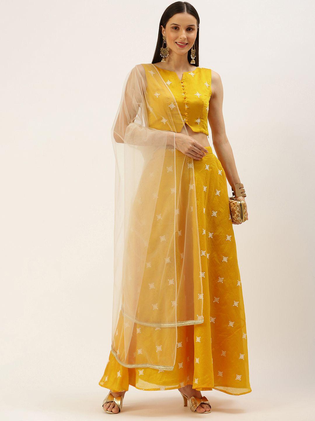 ethnovog yellow  embellished sequinned ready to wear lehenga  blouse with dupatta