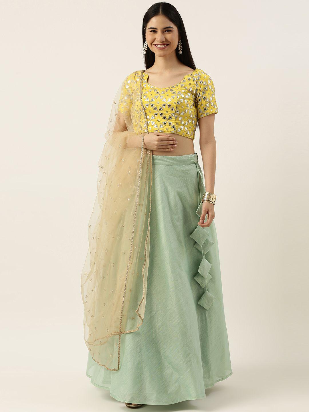 ethnovog yellow  green embroidered made to measure lehenga  blouse with dupatta