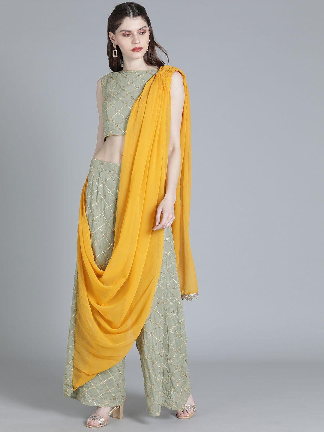ethnovog yellow  grey  poly georgette embellished fusion ready to wear saree