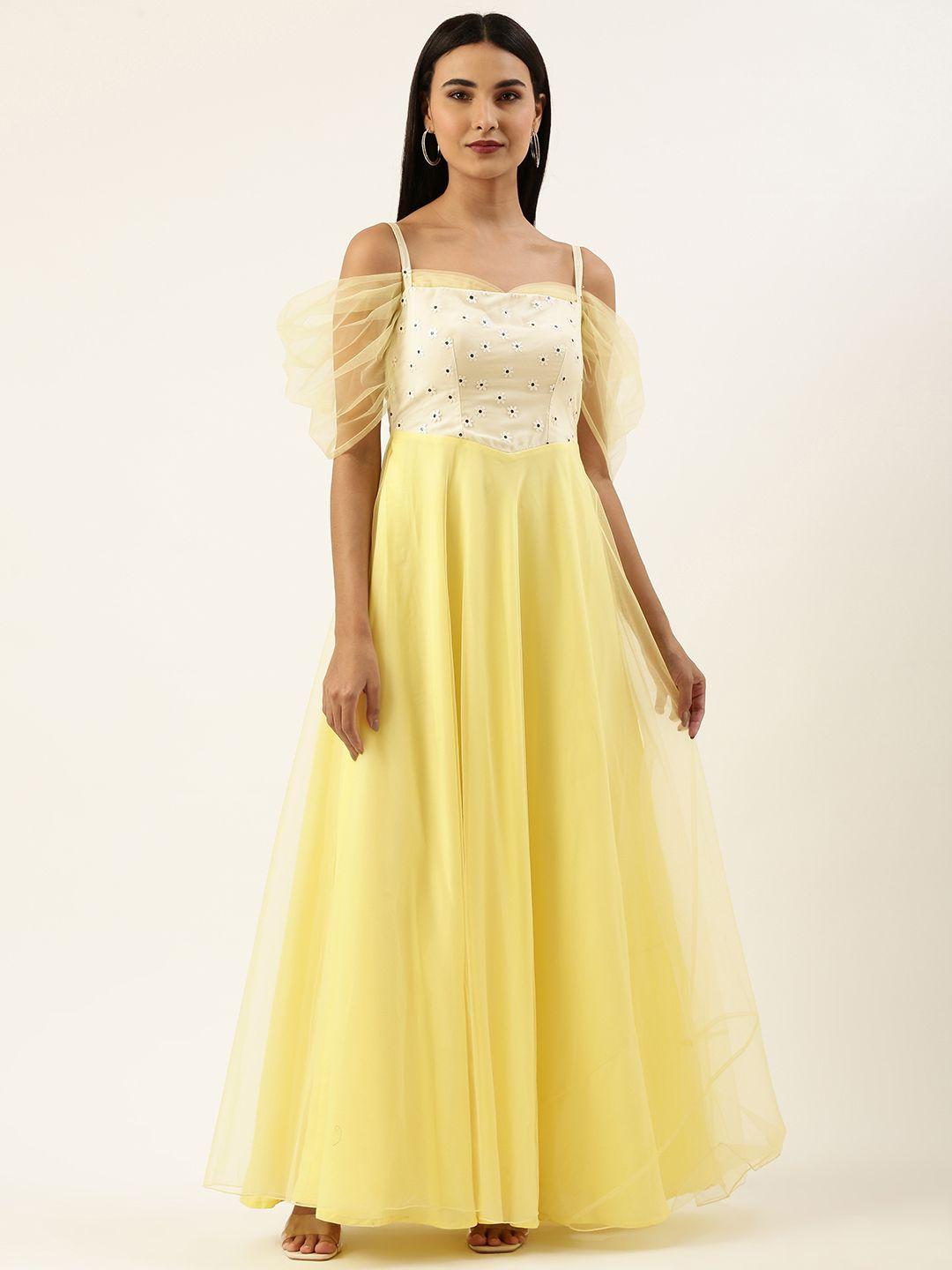 ethnovog yellow  off white floral embroidered net ethnic maxi dress