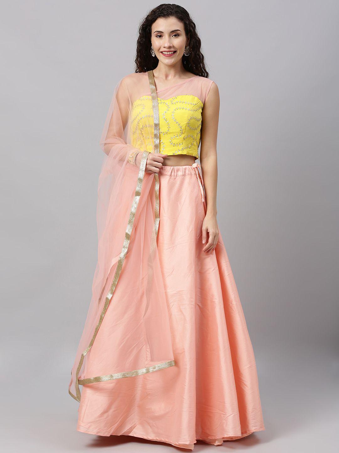 ethnovog yellow  peach-coloured embellished made to measure lehenga  blouse with dupatta