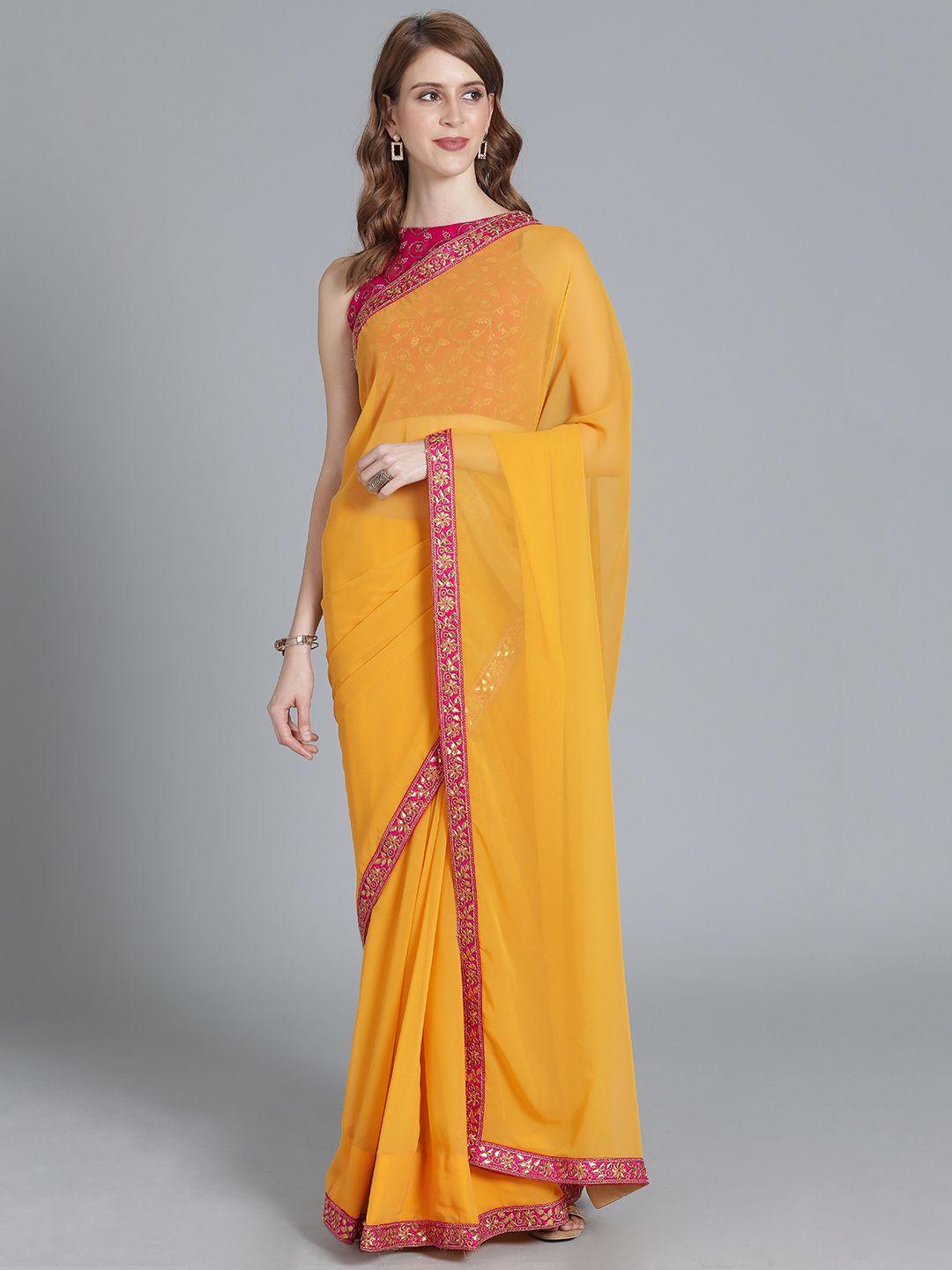 ethnovog yellow  pink organza solid saree with blouse