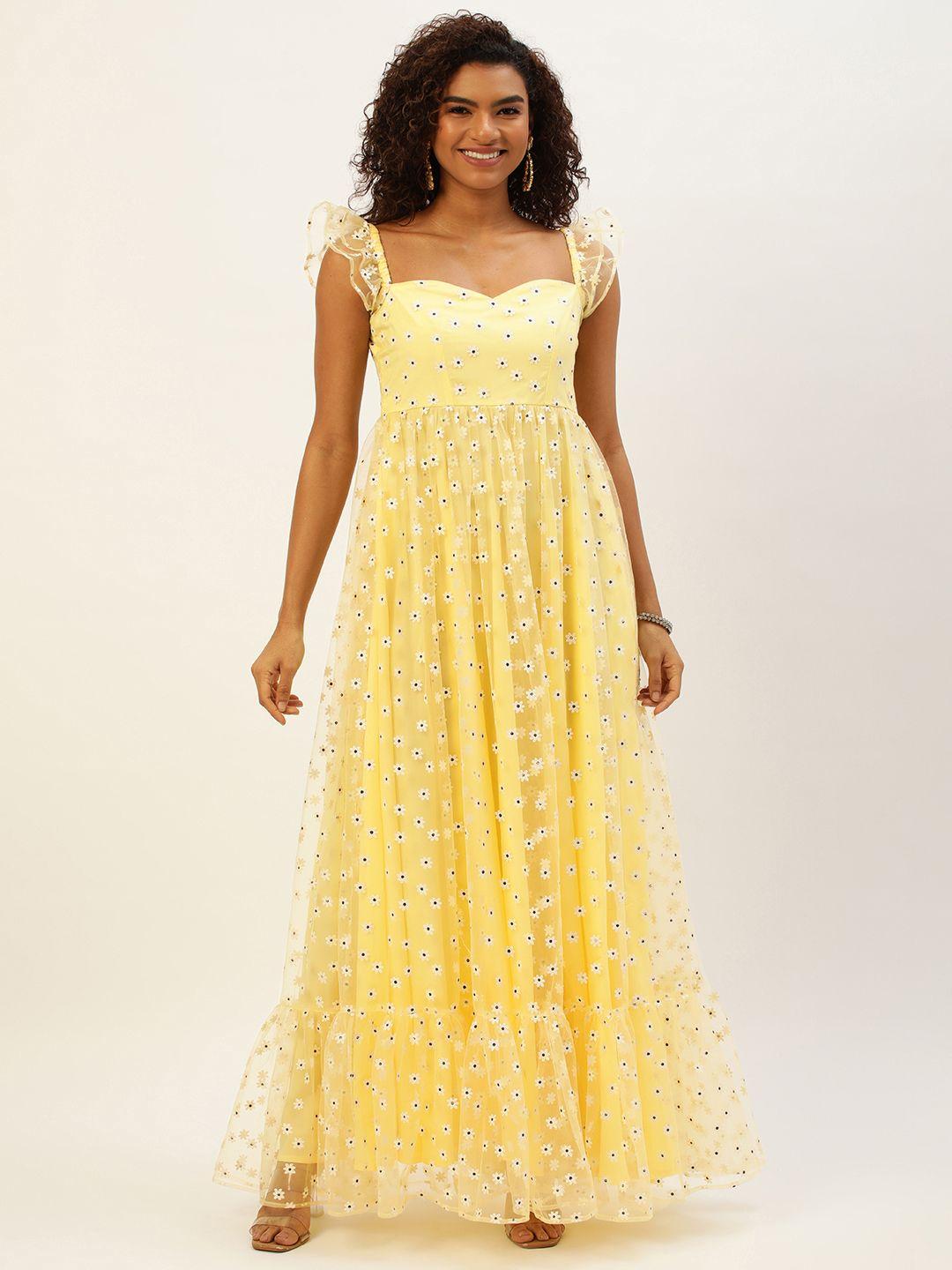 ethnovog yellow  white floral embroidered net maxi dress