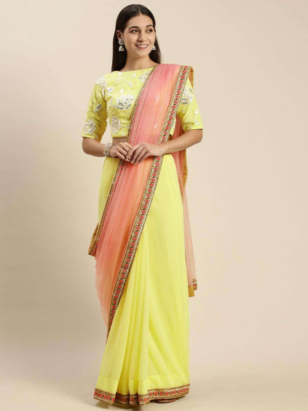 ethnovog yellow  yellow zardozi half and half saree