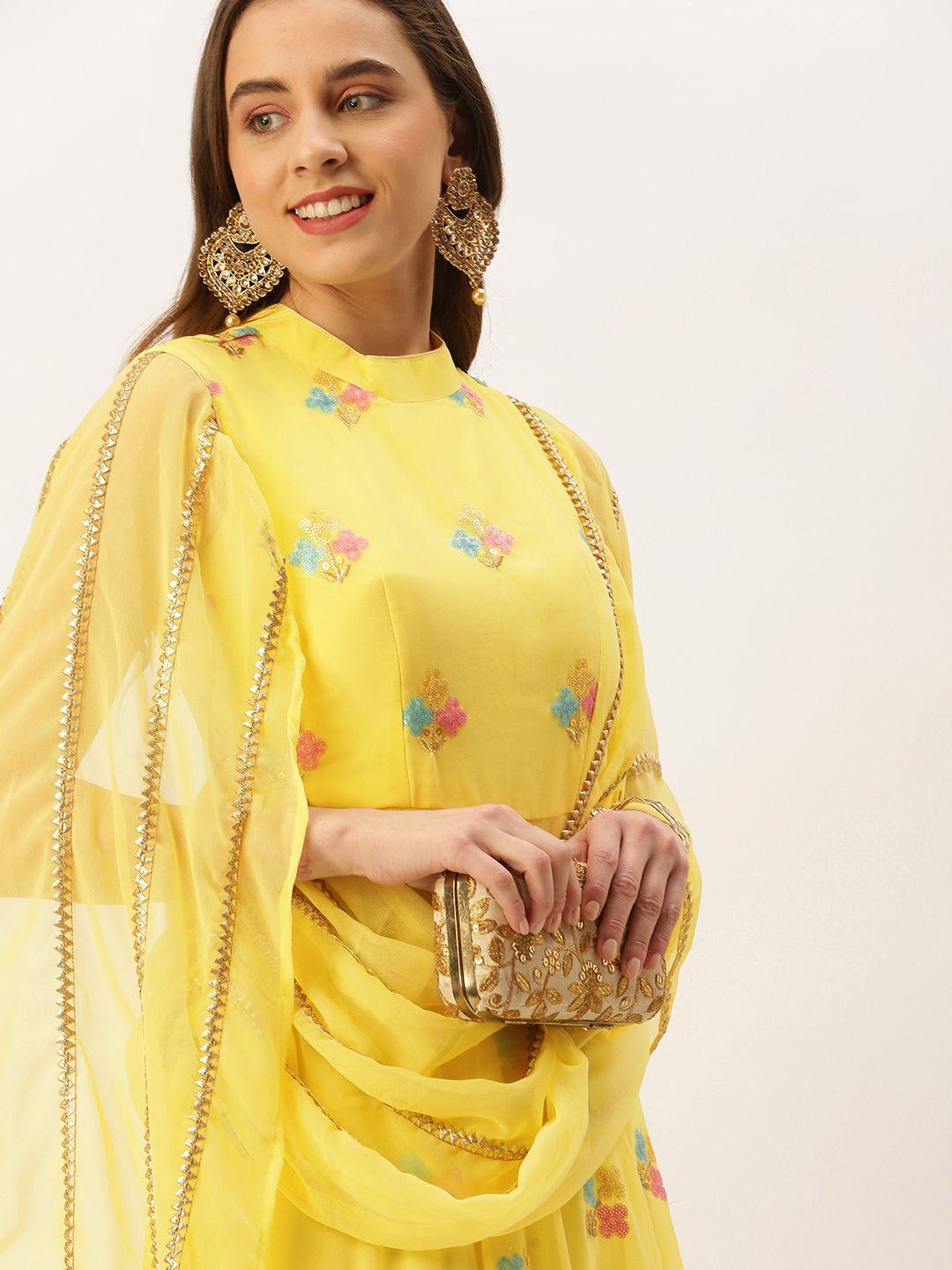 ethnovog yellow embellished georgette maxi dress