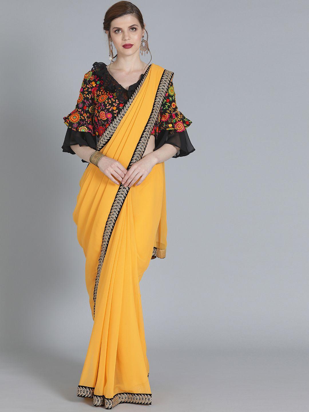 ethnovog yellow made to measure solid poly georgette saree