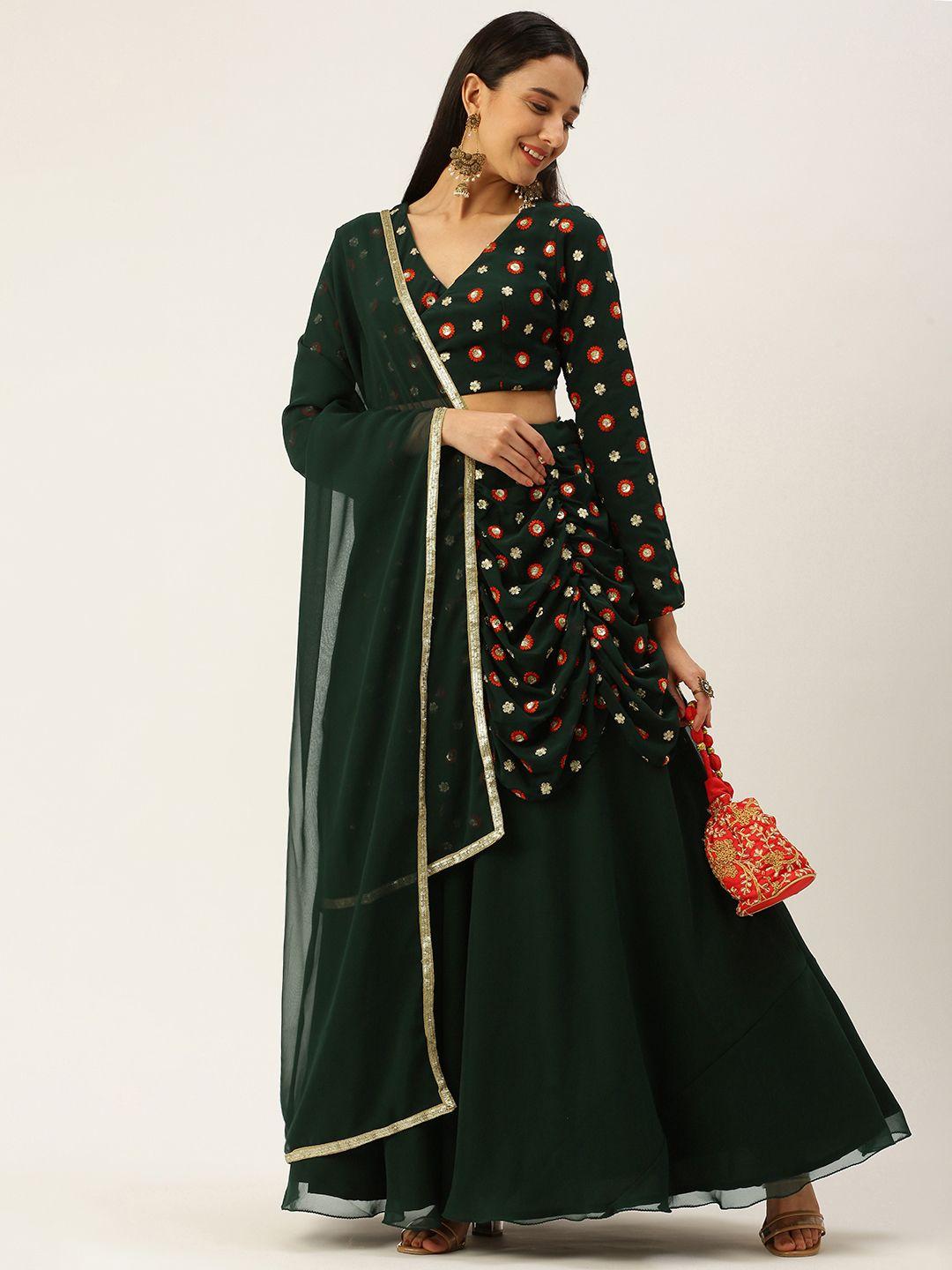 ethnovogue green embroidered sequinned ready to wear lehenga & blouse with dupatta