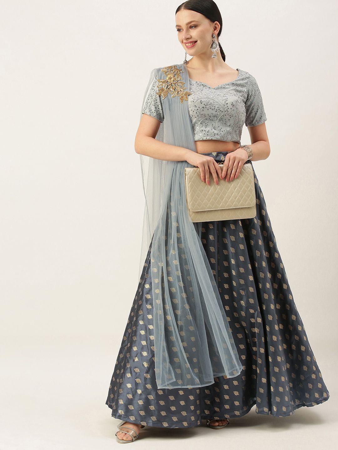 ethnovogue grey & blue embellished made to measure lehenga & blouse with dupatta