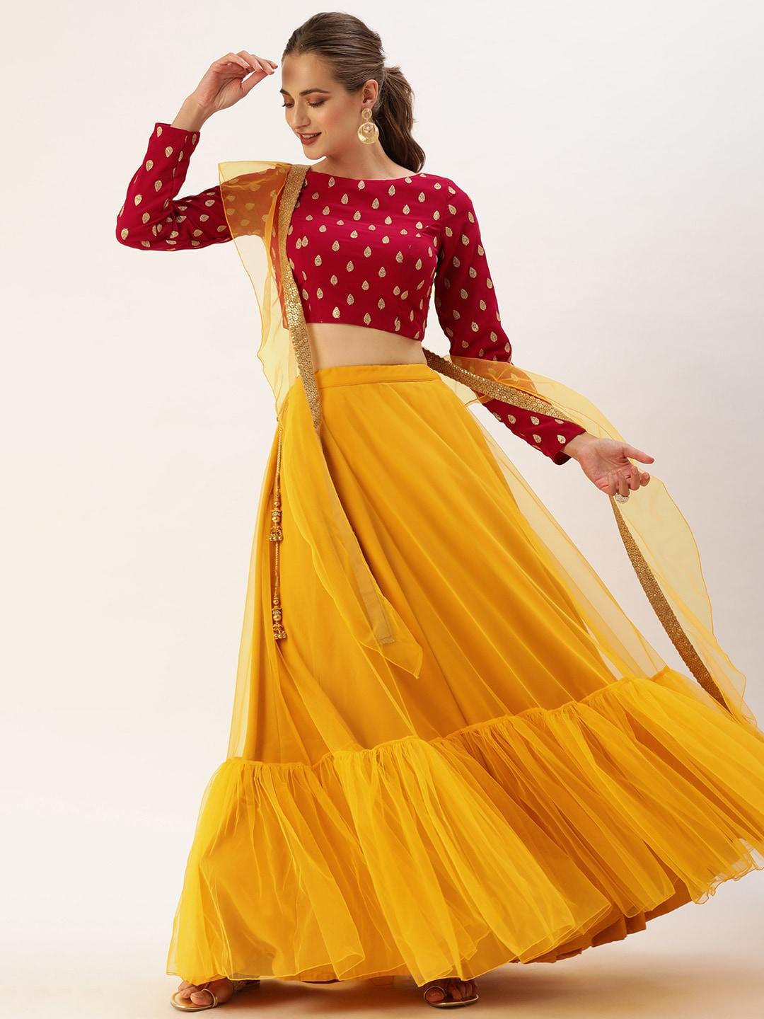 ethnovogue magenta & yellow embroidered made to measure lehenga & blouse with dupatta