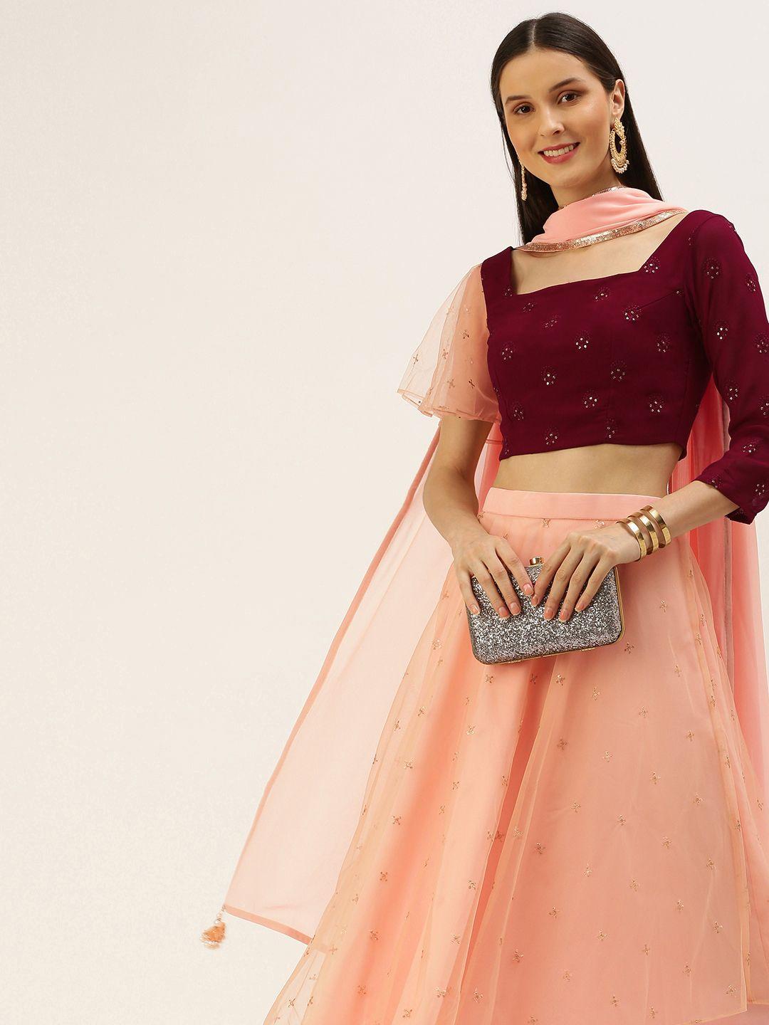 ethnovogue maroon & peach-coloured embellished ready to wear lehenga & blouse with dupatta