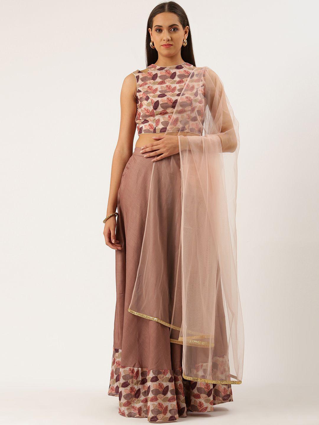 ethnovogue mauve & peach-coloured printed sequinned ready to wear lehenga & blouse with dupatta