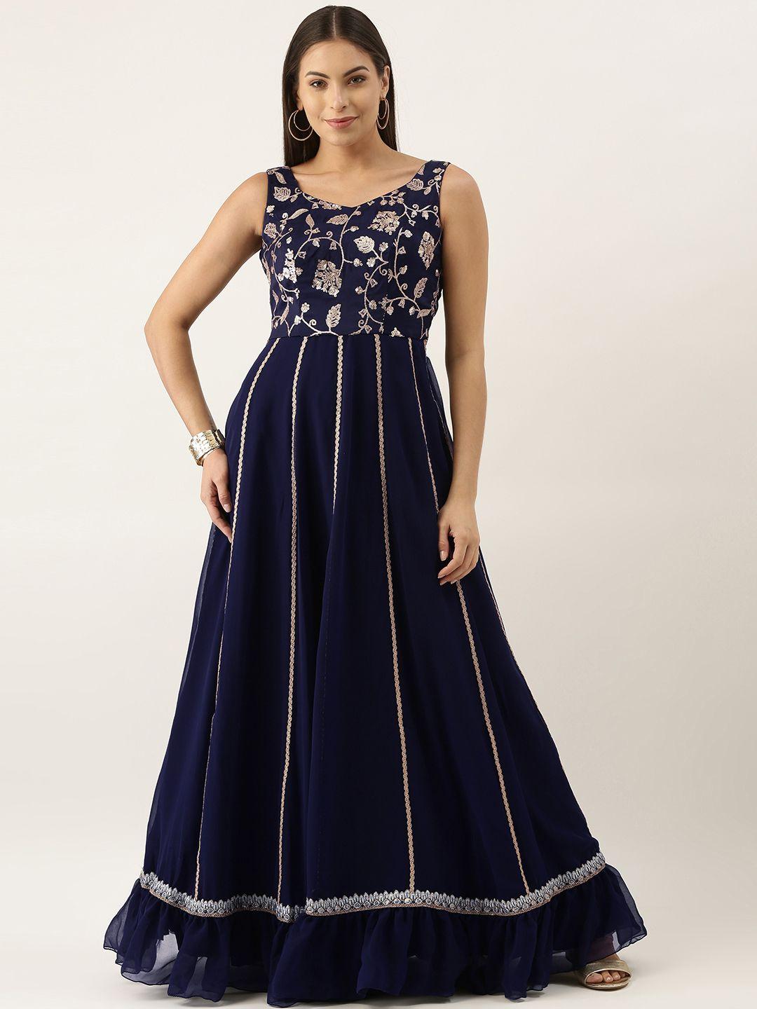 ethnovogue navy blue embellished georgette maxi dress