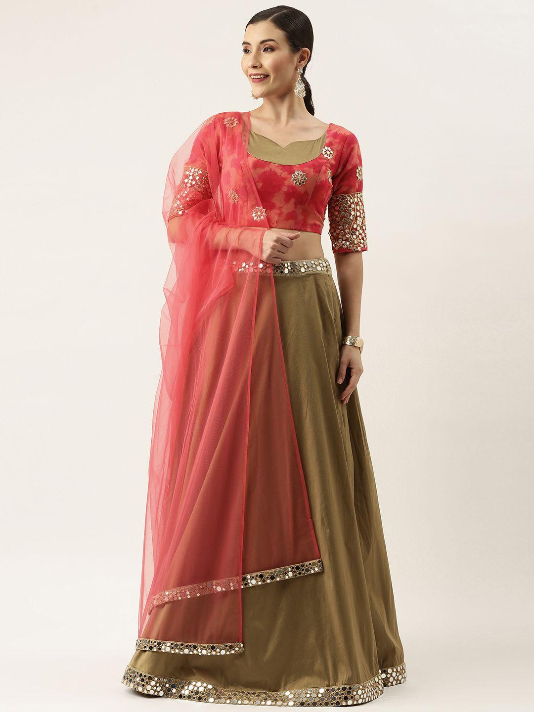 ethnovogue red & beige embroidered made to measure lehenga & blouse with dupatta