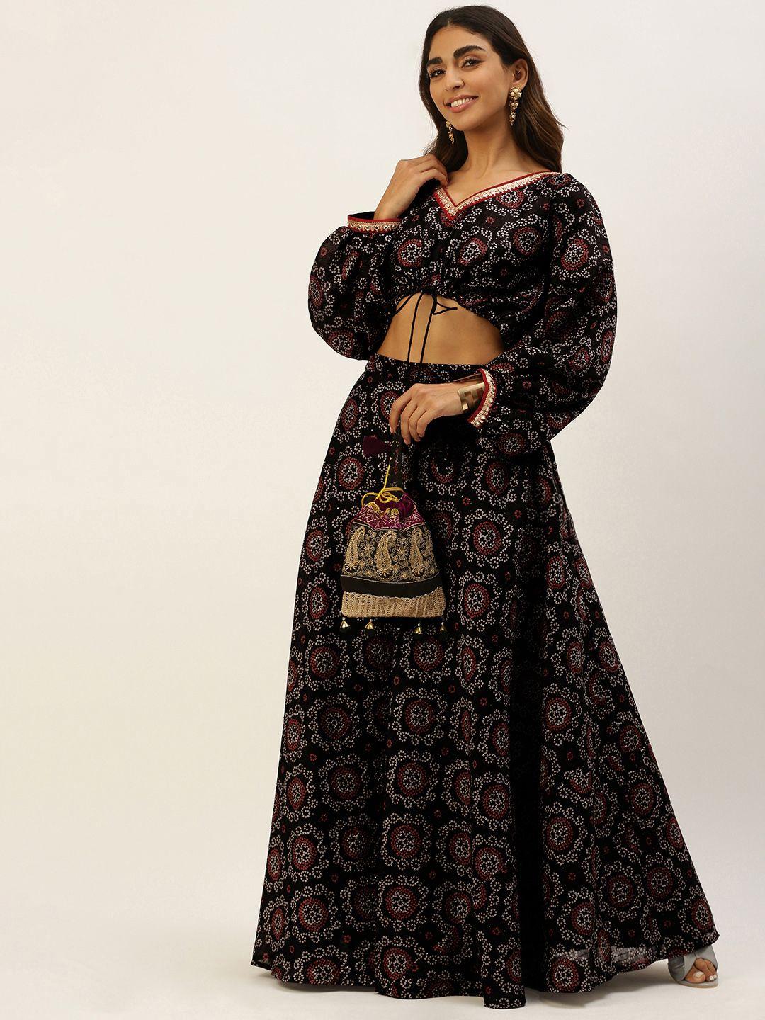ethnovogue women black printed top with skirt