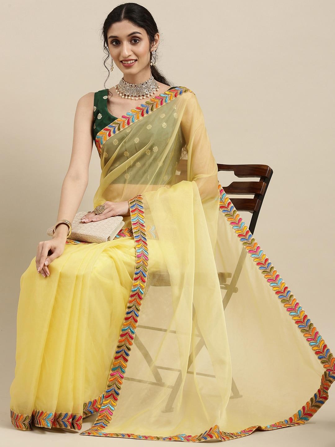 ethnovogue yellow embroidered net ready to wear saree