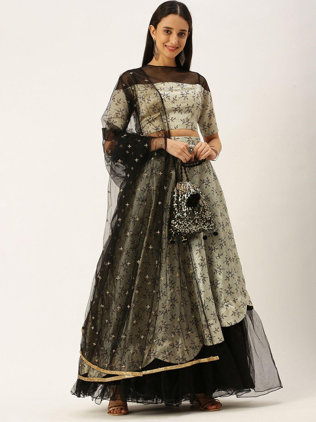 ethnovogue beige & black printed ready to wear lehenga & blouse with dupatta