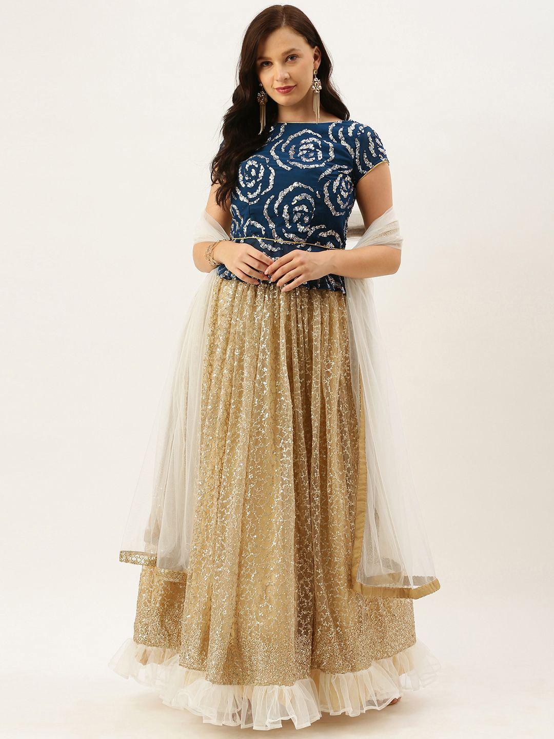 ethnovogue beige & navy blue sequinned made to measure lehenga & blouse with dupatta