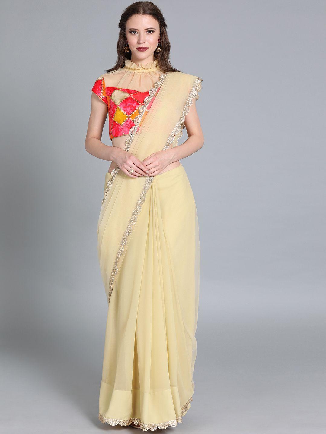 ethnovogue beige & pink poly georgette made to measure solid saree