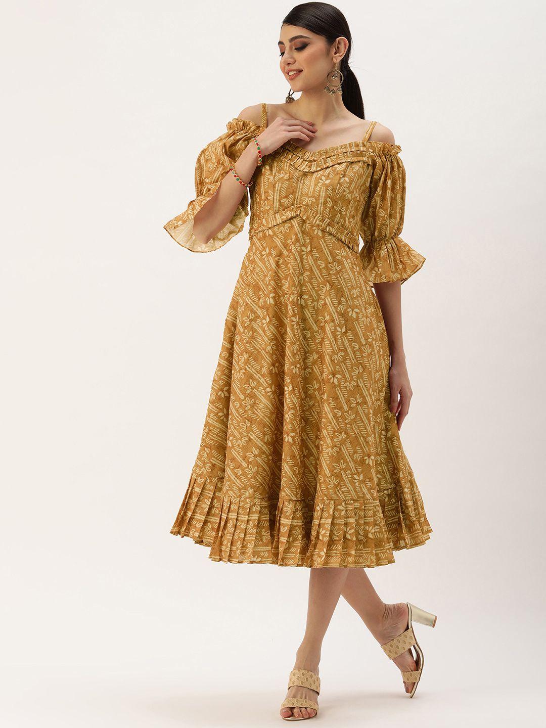 ethnovogue beige floral ethnic a-line midi dress