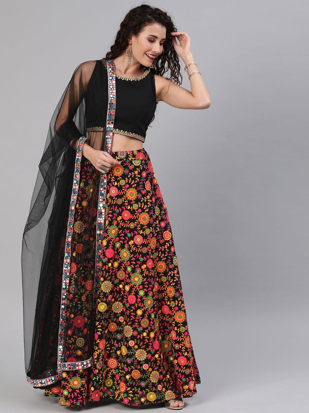 ethnovogue black & multicoloured solid made to measure lehenga & blouse with dupatta