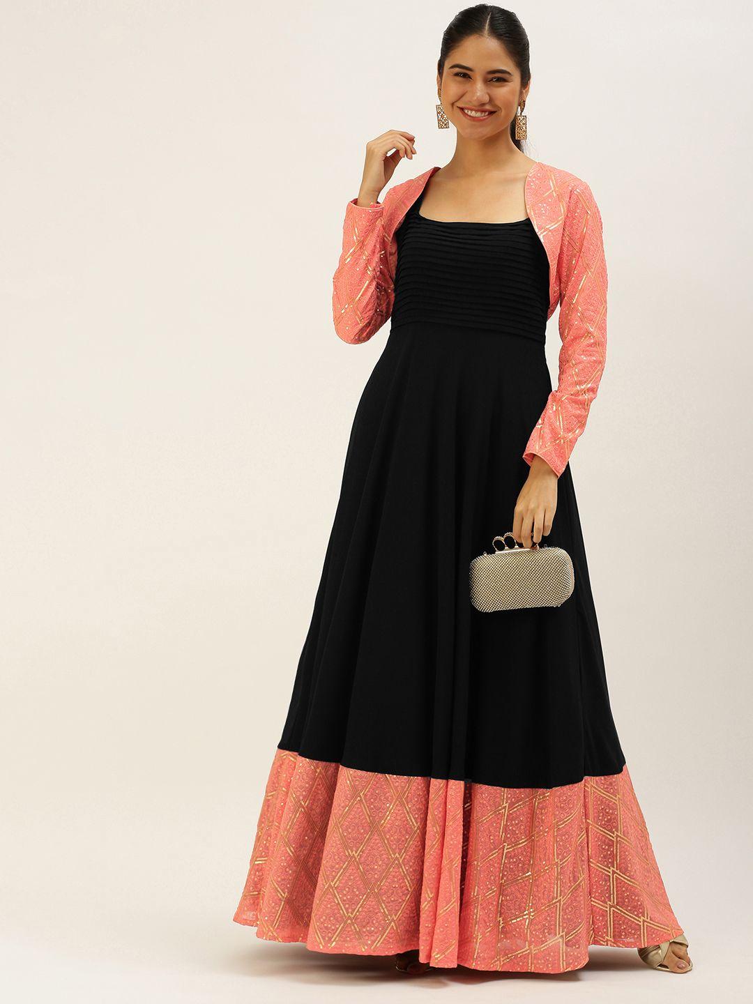 ethnovogue black & peach-coloured georgette maxi dress with ethnic jacket