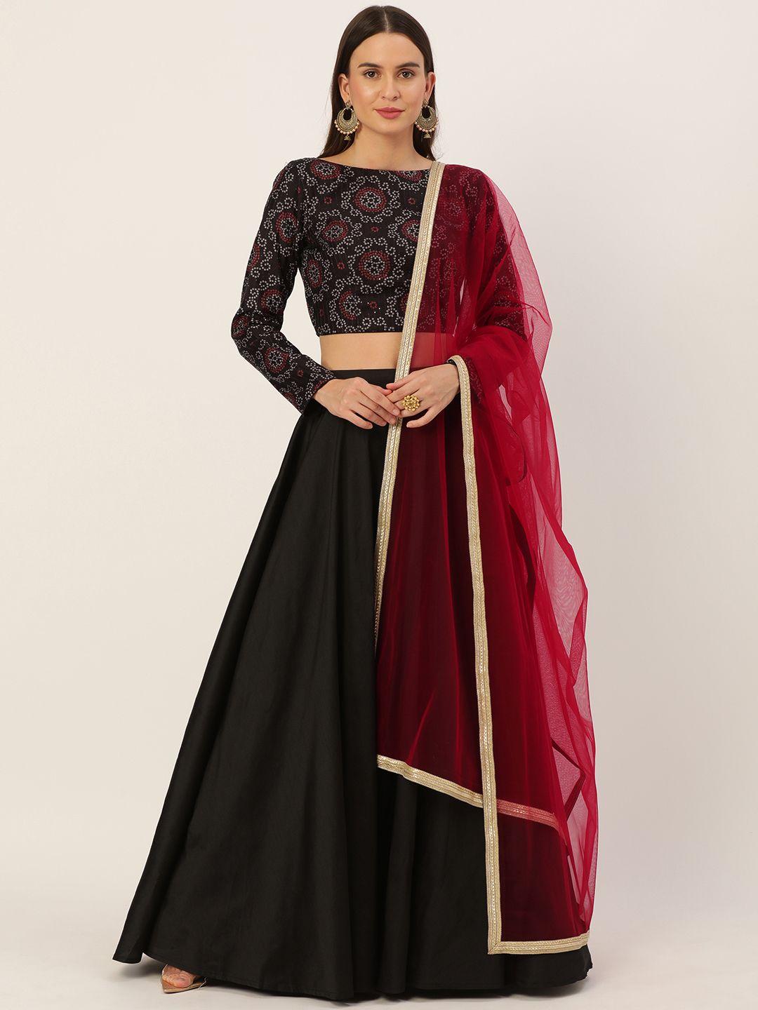 ethnovogue black & red digital printed made to measure lehenga & blouse with dupatta