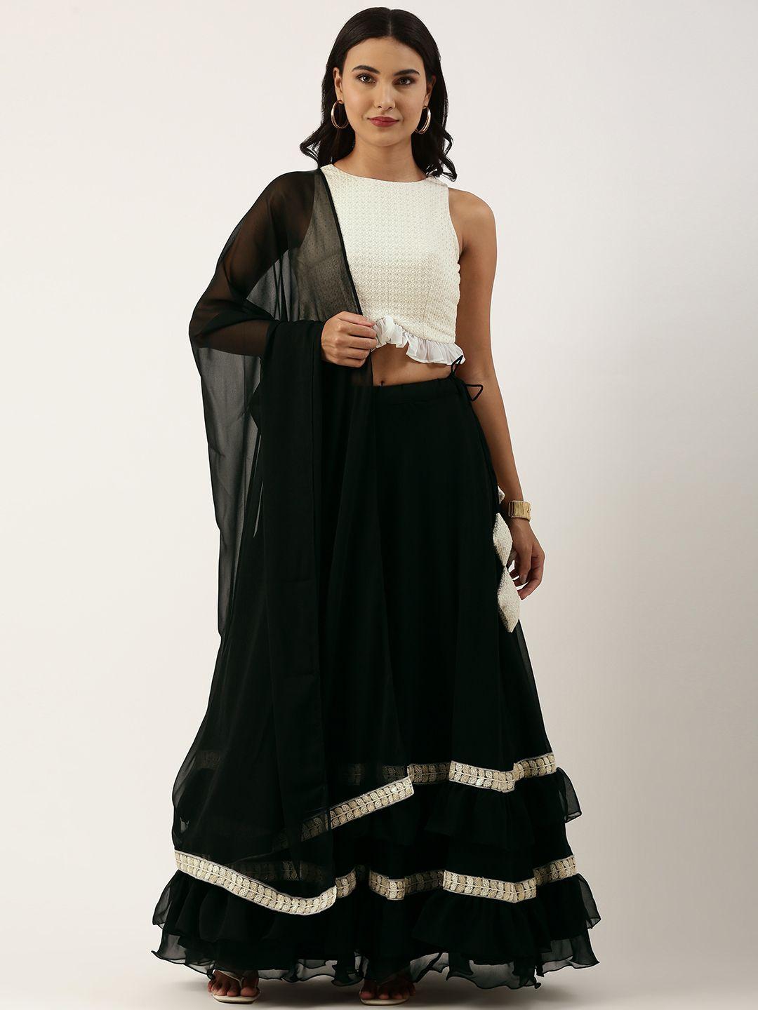 ethnovogue black & white embroidered sequinned made to measure lehenga & blouse with dupatta