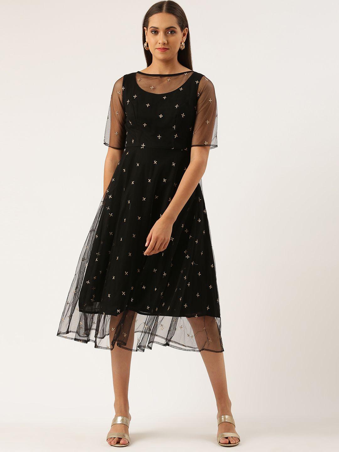 ethnovogue black sequin embellished net a-line dress