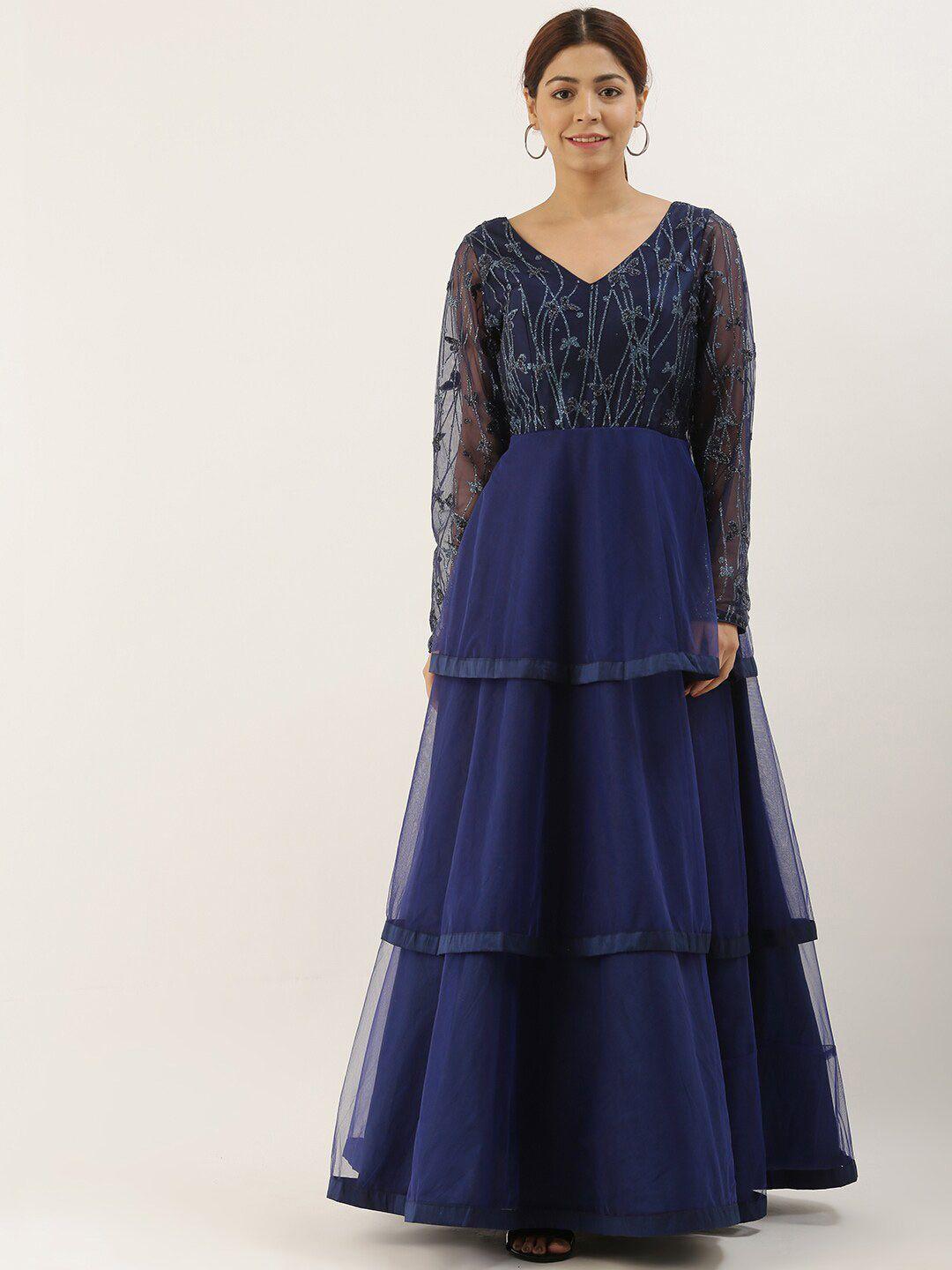 ethnovogue blue embellished net maxi maxi dress