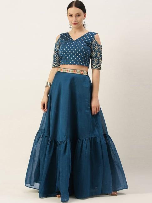 ethnovogue blue embroidered crop top skirt set