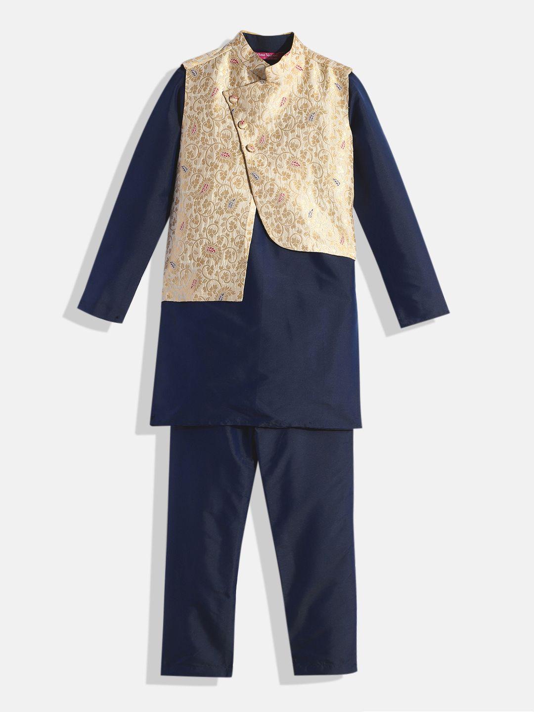 ethnovogue boys navy blue solid made to measure kurta with pyjamas & jacquard nehru jacket