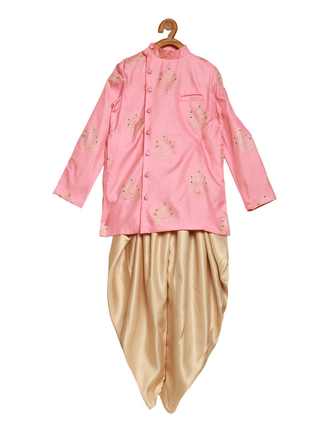 ethnovogue boys pink & beige floral printed regular kurta with dhoti pants