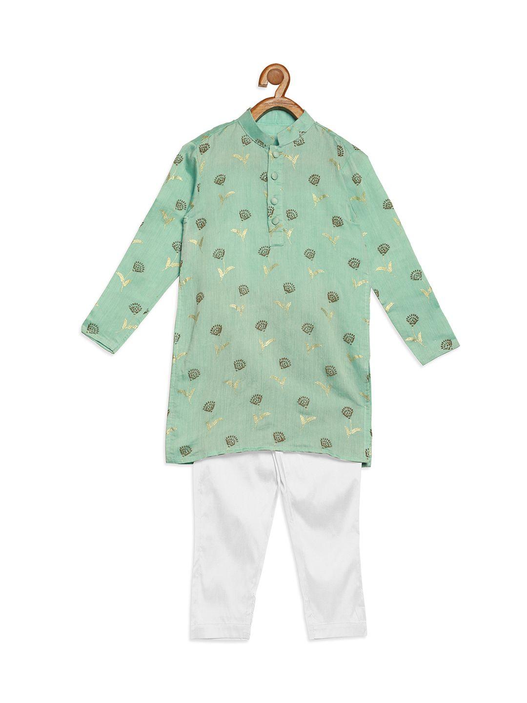 ethnovogue boys sea blue & white floral printed regular kurta with pyjamas