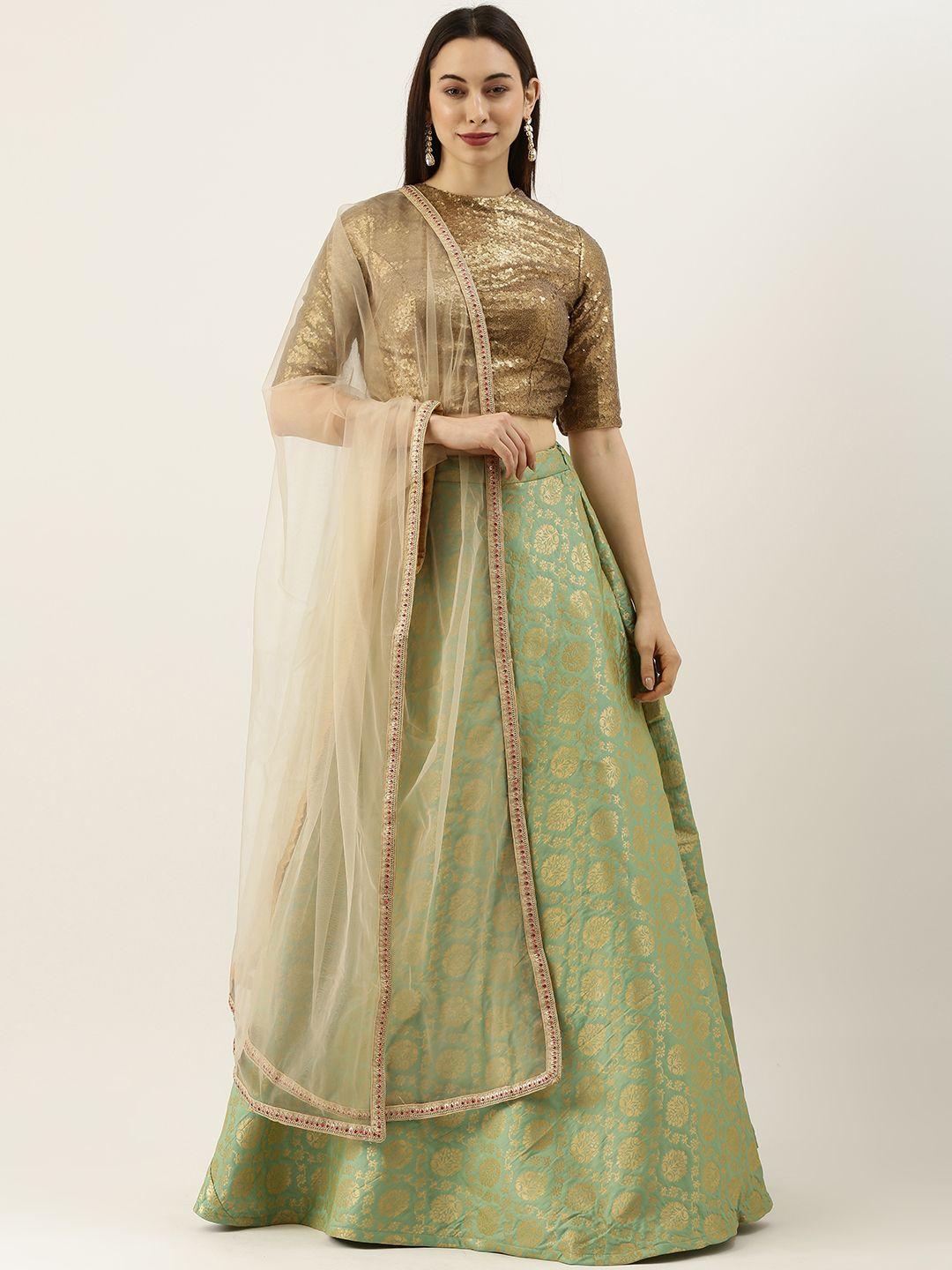 ethnovogue brown & green embellished sequinned made to measure lehenga & blouse with dupatta