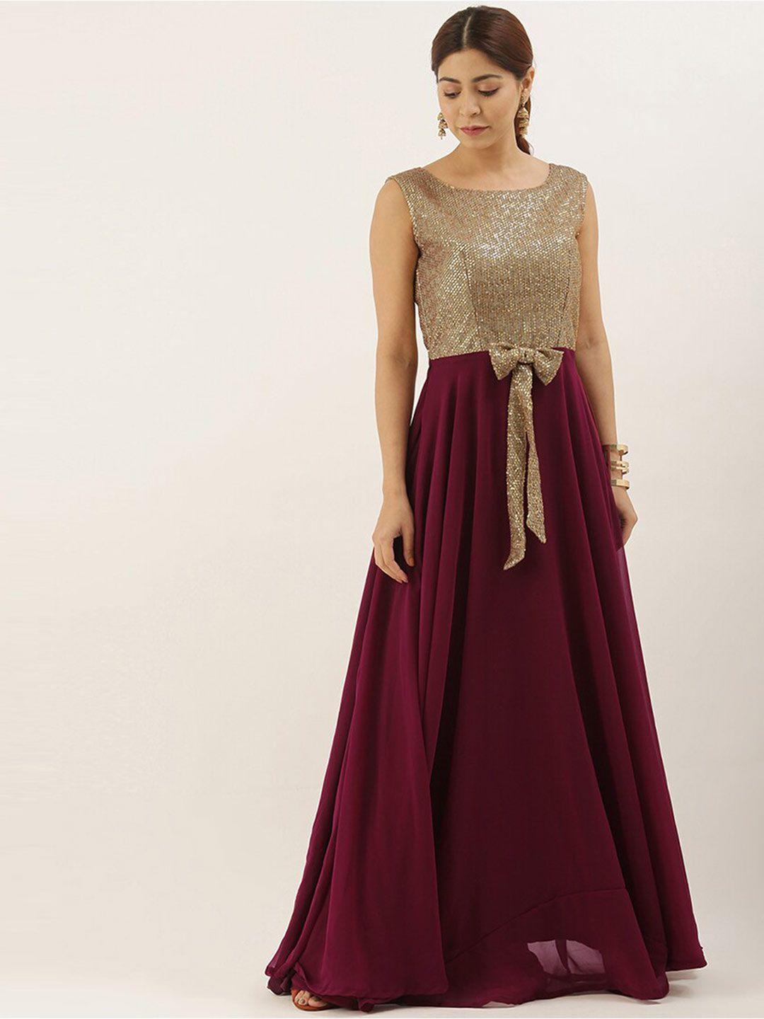 ethnovogue burgundy & gold-toned embellished georgette maxi dress