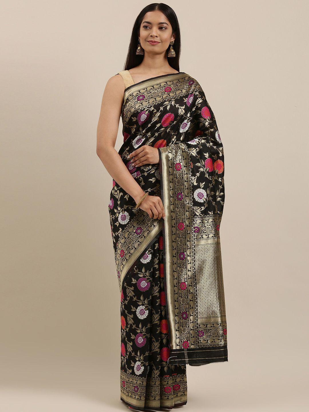 ethnovogue by cbazaar black & gold-toned floral zari art silk banarasi saree