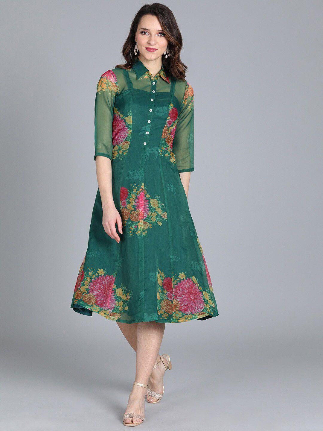 ethnovogue floral printed fit & flare shirt collar midi dress