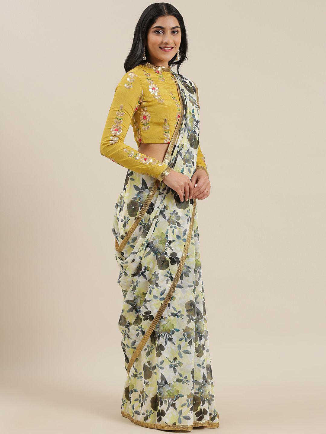 ethnovogue green & beige floral printed saree