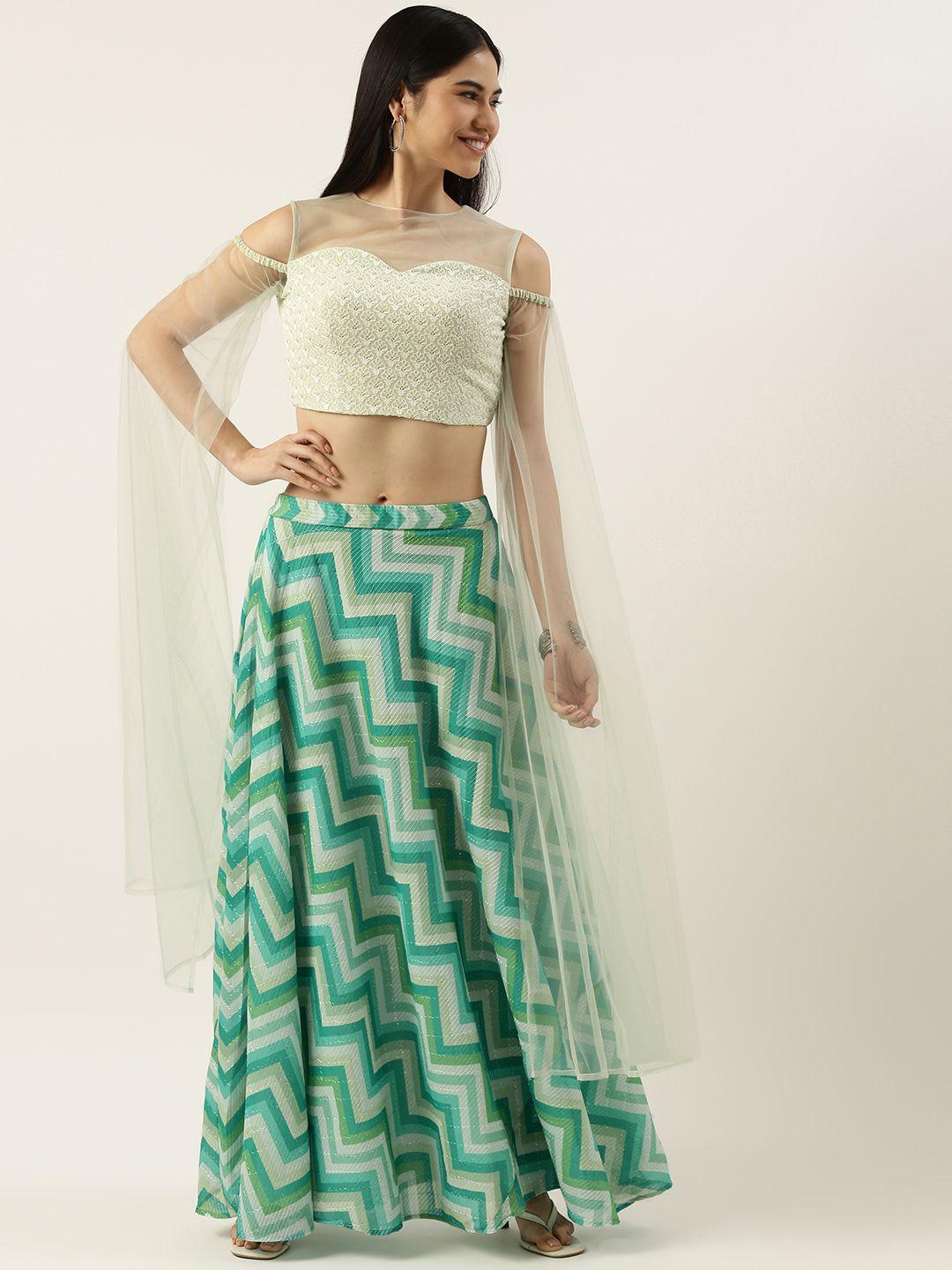 ethnovogue green & white embroidered sequinned made to measure lehenga choli