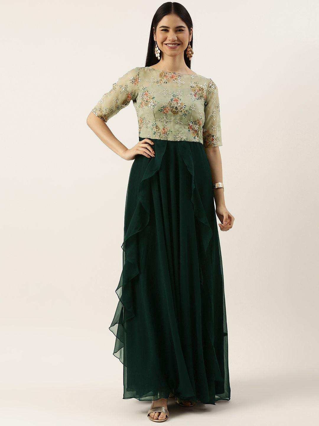 ethnovogue green colourblocked maxi ethnic padded dress