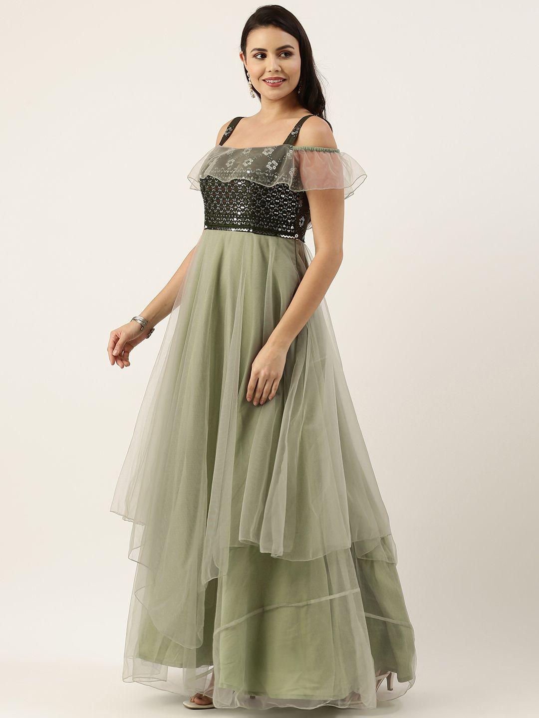 ethnovogue green embellished net layered net maxi dress