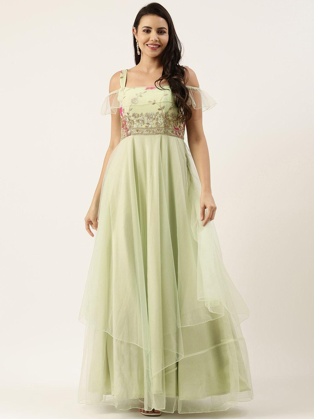 ethnovogue green ethnic motifs sequined layered net maxi dress