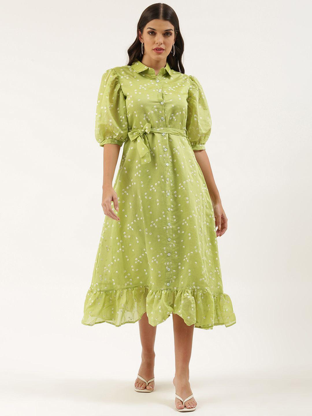 ethnovogue green floral a-line midi dress