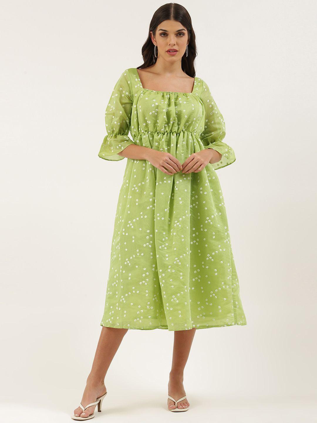 ethnovogue green floral a-line midi dress