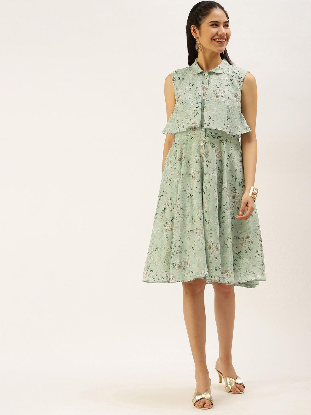 ethnovogue green floral print layered a-line dress