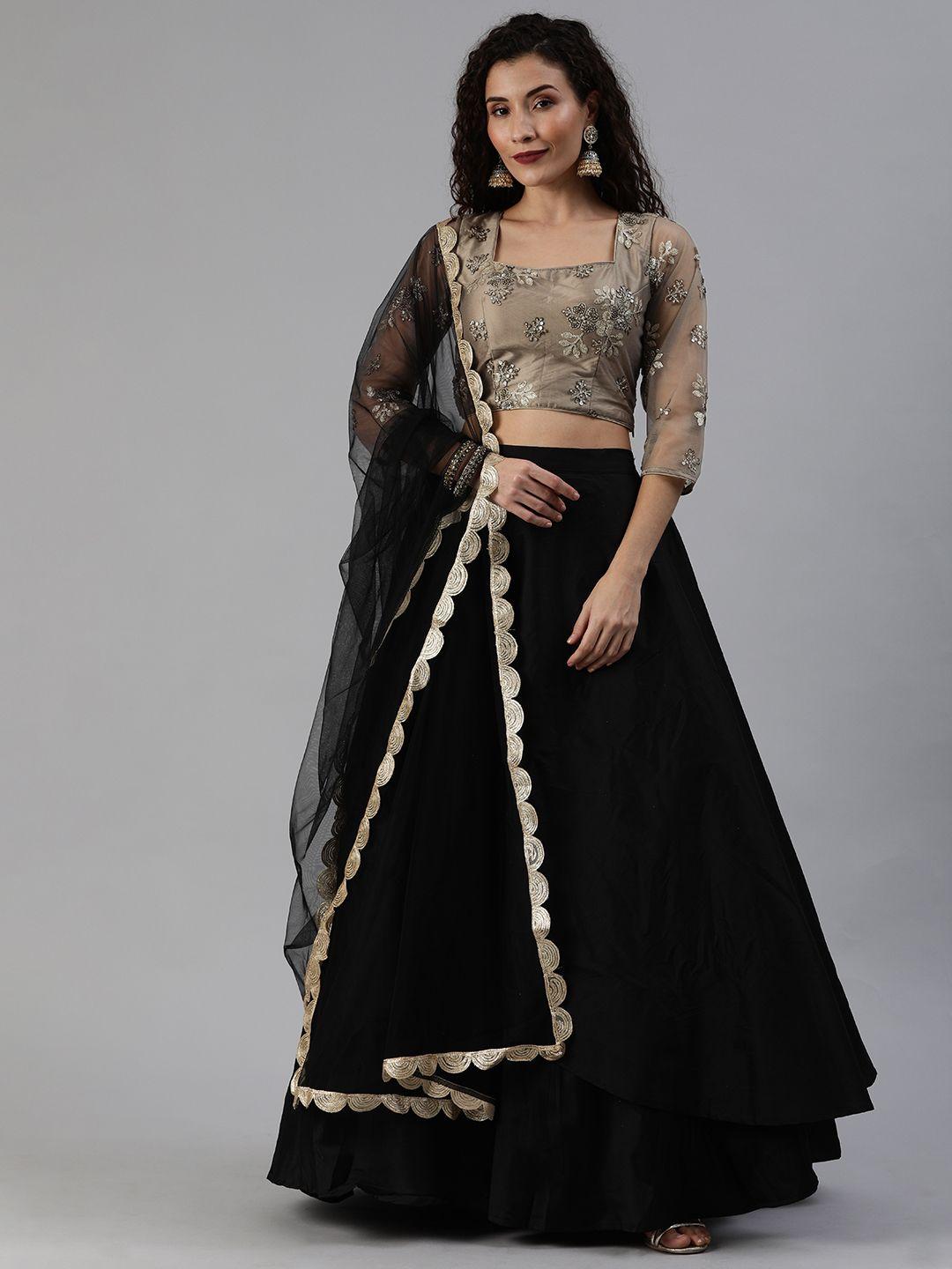 ethnovogue grey & black embellished made to measure lehenga & blouse with dupatta