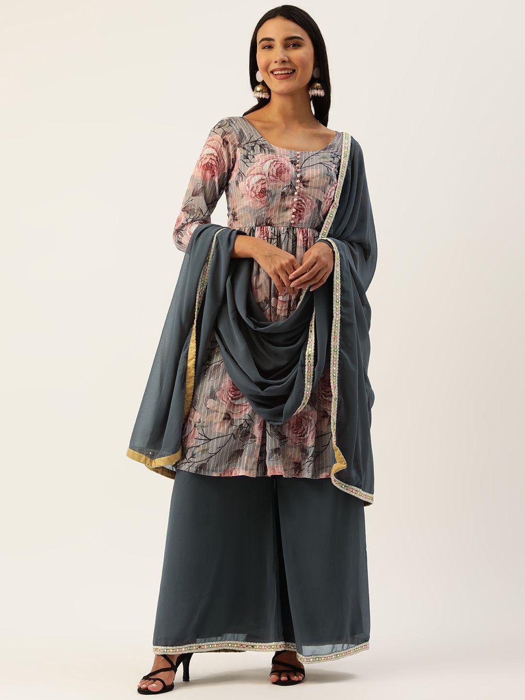 ethnovogue grey & peach-coloured floral made to measure anarkali kurta palazzos dupatta