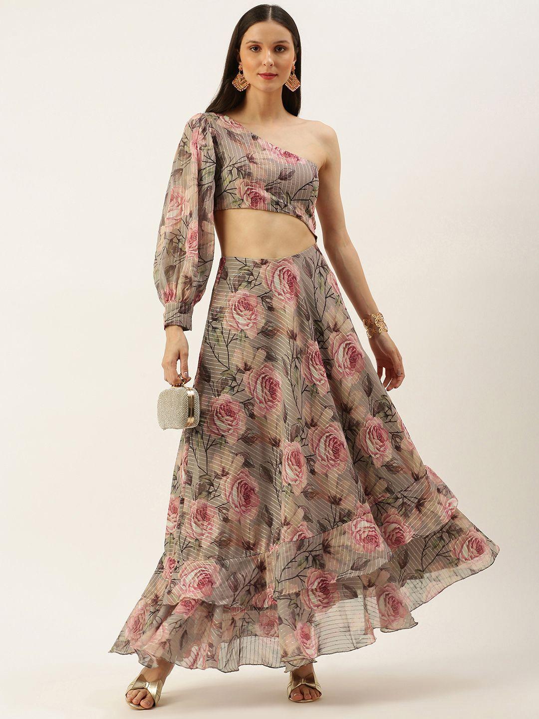 ethnovogue grey & pink made to measure floral cut-out georgette maxi dress