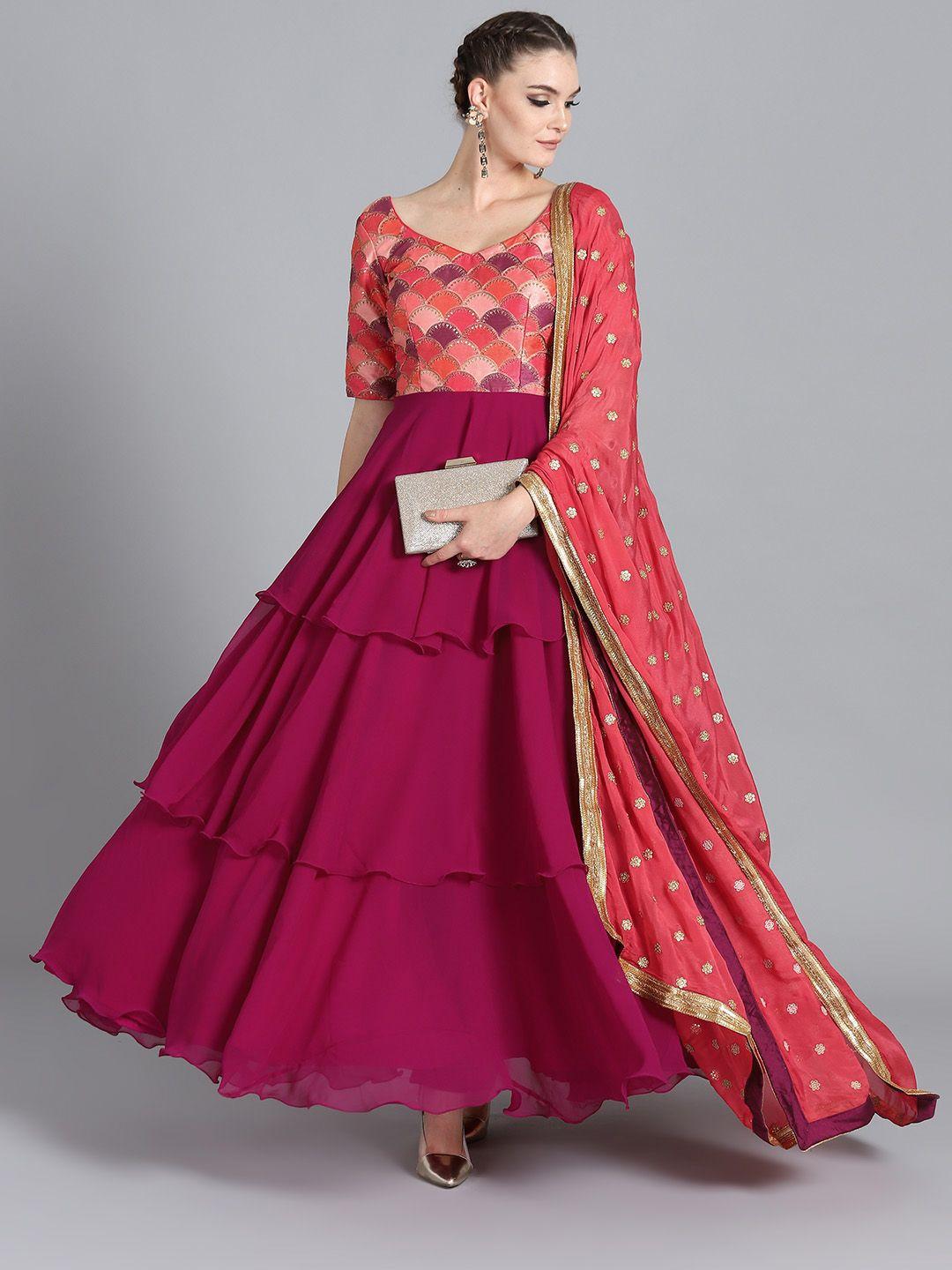 ethnovogue magenta sequinned made to measure kurta with churidar & dupatta