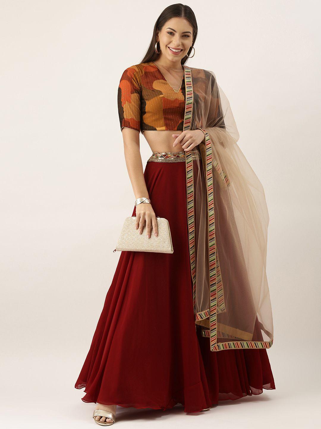 ethnovogue maroon & beige embroidered sequinned made to measure lehenga & blouse with dupatta